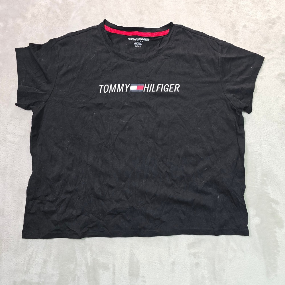 Tommy Hilfiger Sport Womens Black Logo Graphic T-Shirt Large Short Sleeve Cotton